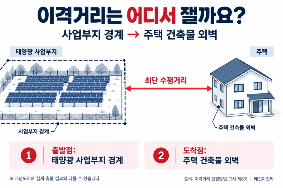 사업부지 경계에서 주택 건축물 외벽까지 최단 수평거리를 재는 방법 개념도